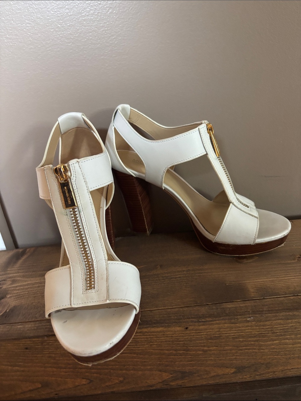 Michael Kors White Leather T-Strap Platform Heels with Gold Zip